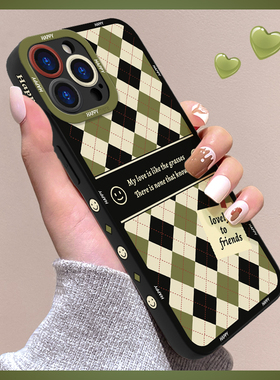复古绿格适用苹果14手机壳iphone15新款12mini液态硅胶11Pro防摔7/8p小众xs简约oppo创意华为mate60pro荣耀70