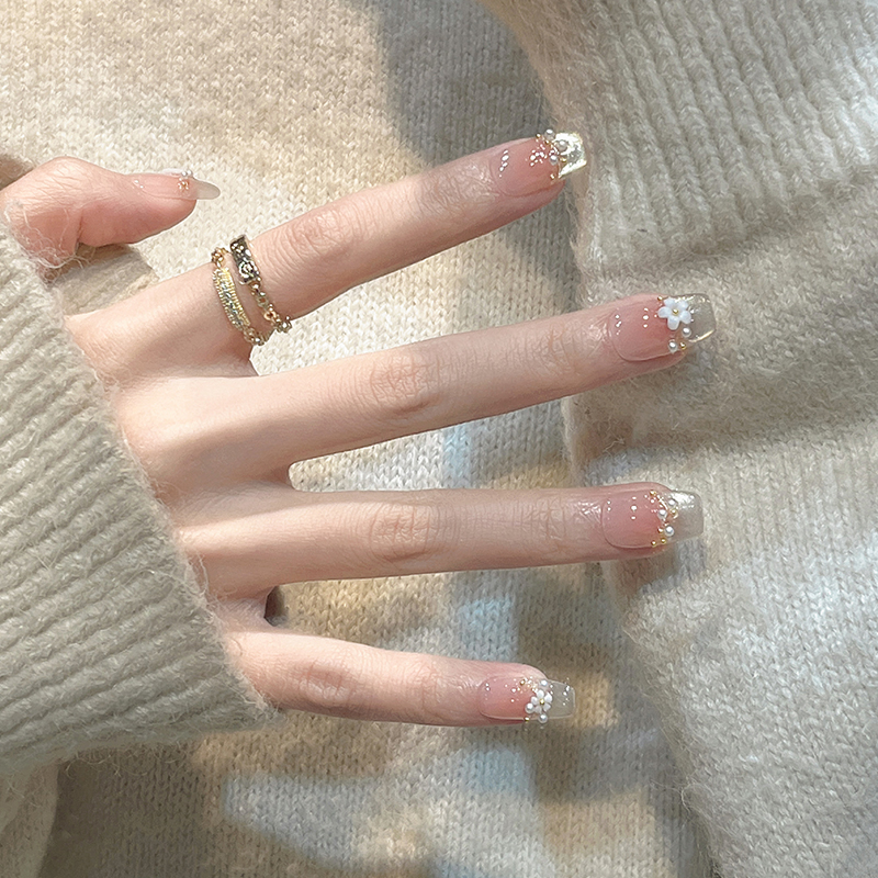 高级感花朵法式猫眼纯手工穿戴甲