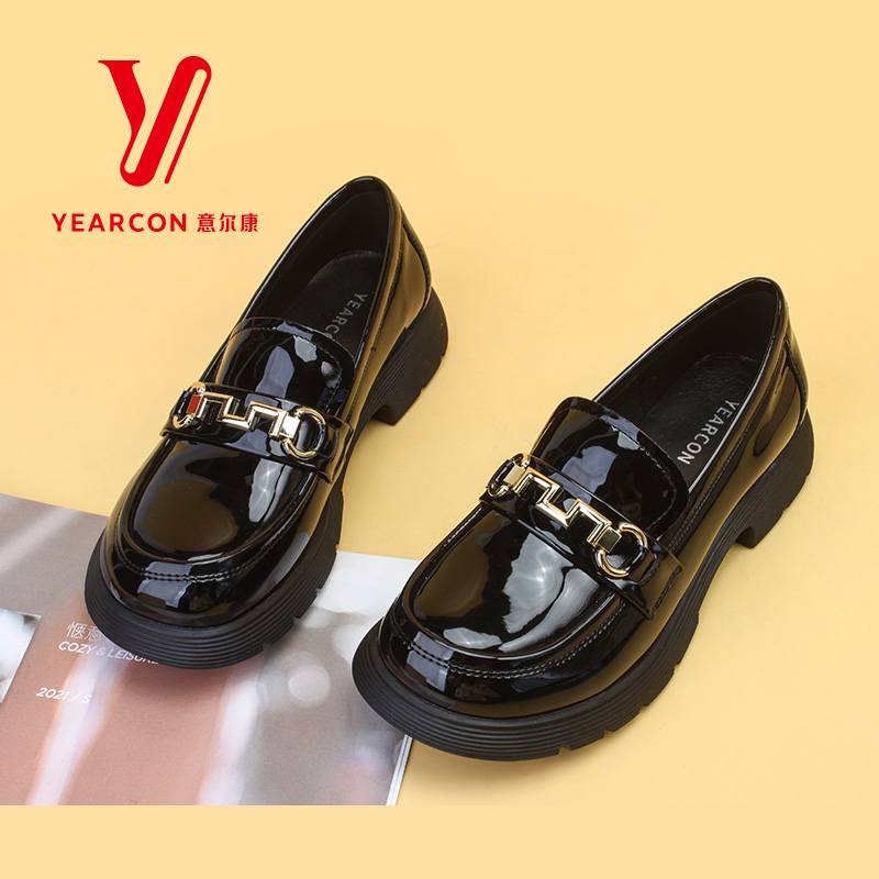 意尔康女鞋2024新款乐福鞋女小皮鞋一脚蹬百搭亮面jk鞋配裙子单鞋