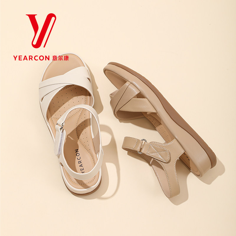 意尔康妈妈凉鞋女2026新款夏季真皮舒适不累脚中老年软底平底女鞋