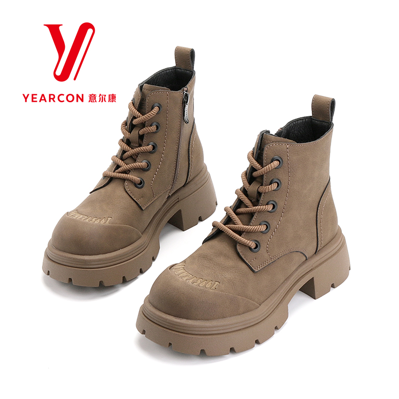 意尔康女鞋2025新款冬季加绒马丁靴女厚底大黄靴短靴子户外工装靴