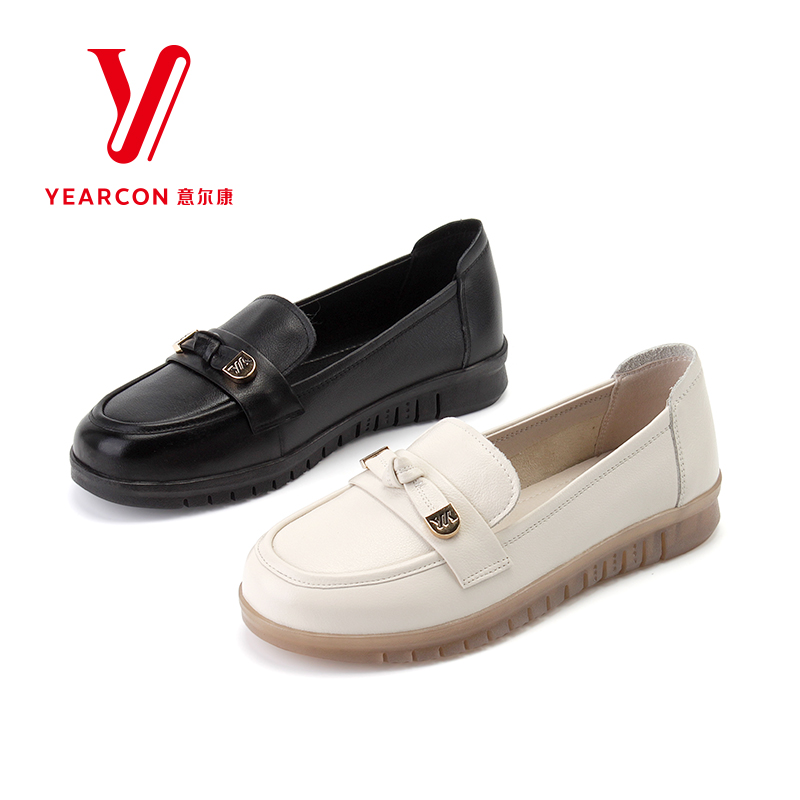 意尔康女鞋2025新款春秋款妈妈鞋软底真皮平底单鞋女中老年豆豆鞋