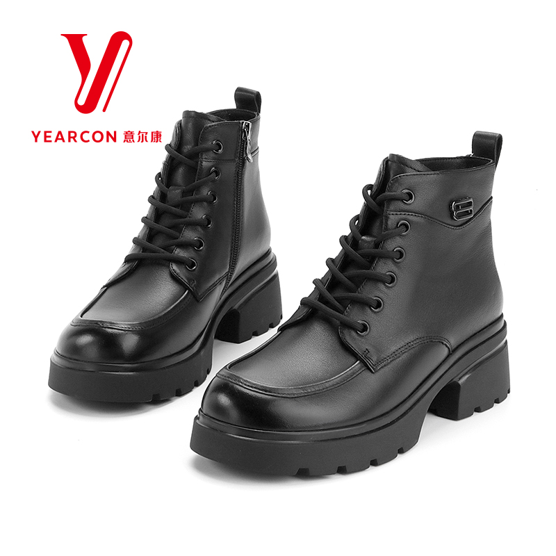 意尔康女靴2025新款秋冬季真皮马丁靴女厚底加绒短靴粗跟高跟靴子