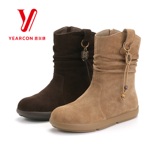 意尔康女靴2025新款冬季加绒堆堆靴女平底短靴真皮靴子复古中筒靴