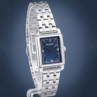Bulova手表女款时尚镶钻简约方形蓝色贝母表盘气质银色表带女腕表