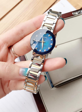 宝路华手表Bulova Futuro时尚镶钻蓝色贝母表盘间金女腕表98P157