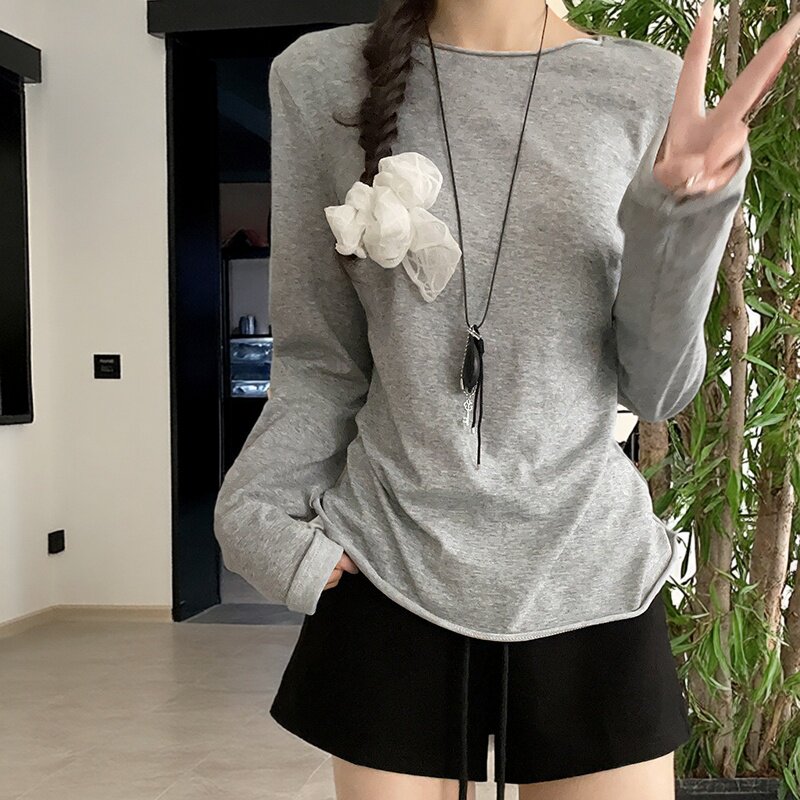 卷边圆领防晒罩衫女夏季外穿百搭宽松显瘦设计感T恤拼接长袖上衣