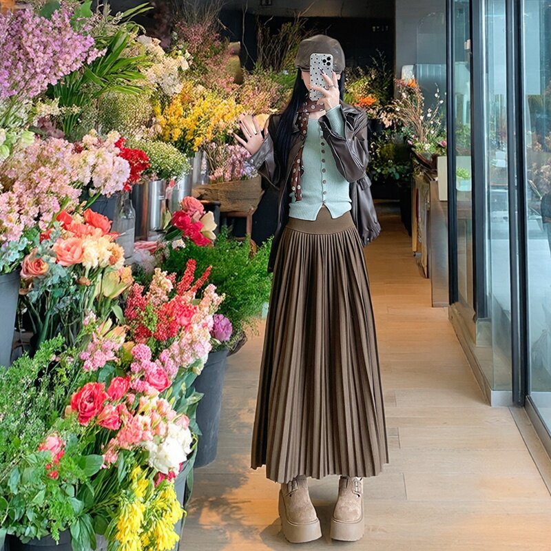 毛呢风琴百褶裙女2026新款高腰显瘦中长款大摆裙大码裙子