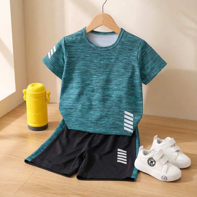 男童短袖套装跑步运动服休闲速干衣夏季服装T恤短裤两件套中小童