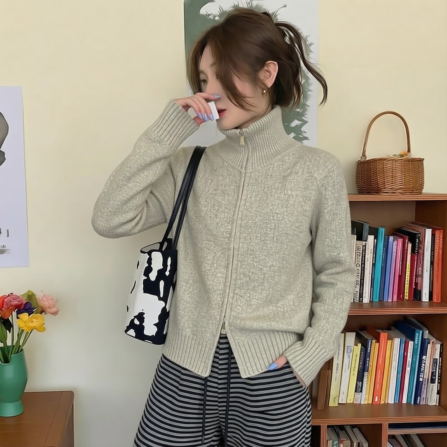 秋冬加厚高领拉链毛衣女宽松