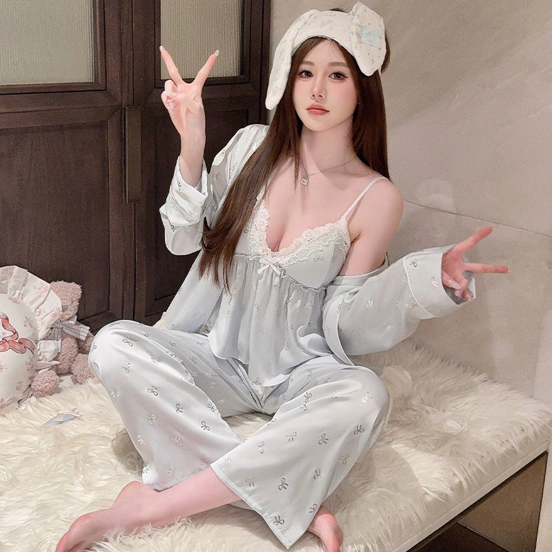三件套冰丝吊带长裤睡衣套装