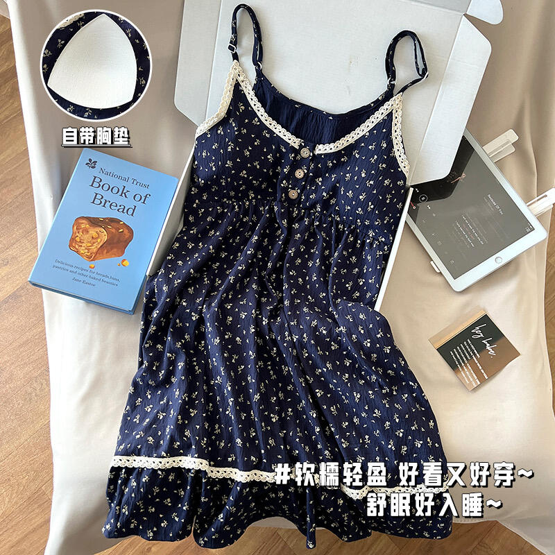 带胸垫纯欲蓝色小碎花吊带睡裙女夏季2025新款甜美少女睡衣裙子