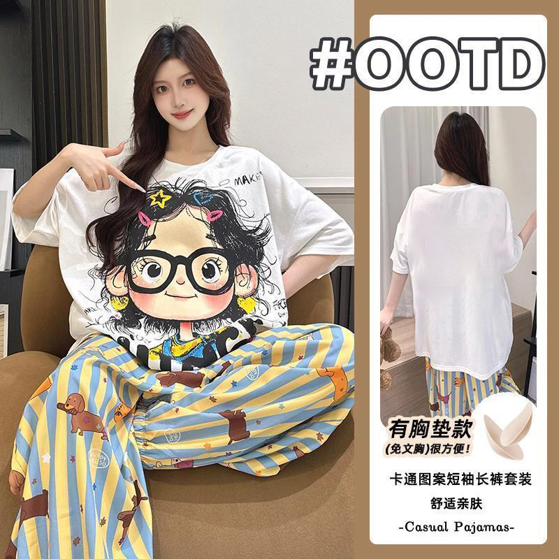 甜美可爱短袖t恤条纹长裤睡衣女