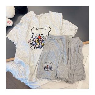 家居服套装 甜美可爱小花熊睡衣女带胸垫夏季 短裤 新款 甜美少女短袖