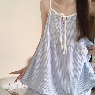 日系甜美少女撞色条纹吊带睡衣女夏季 学生 新款 可外穿家居服套装