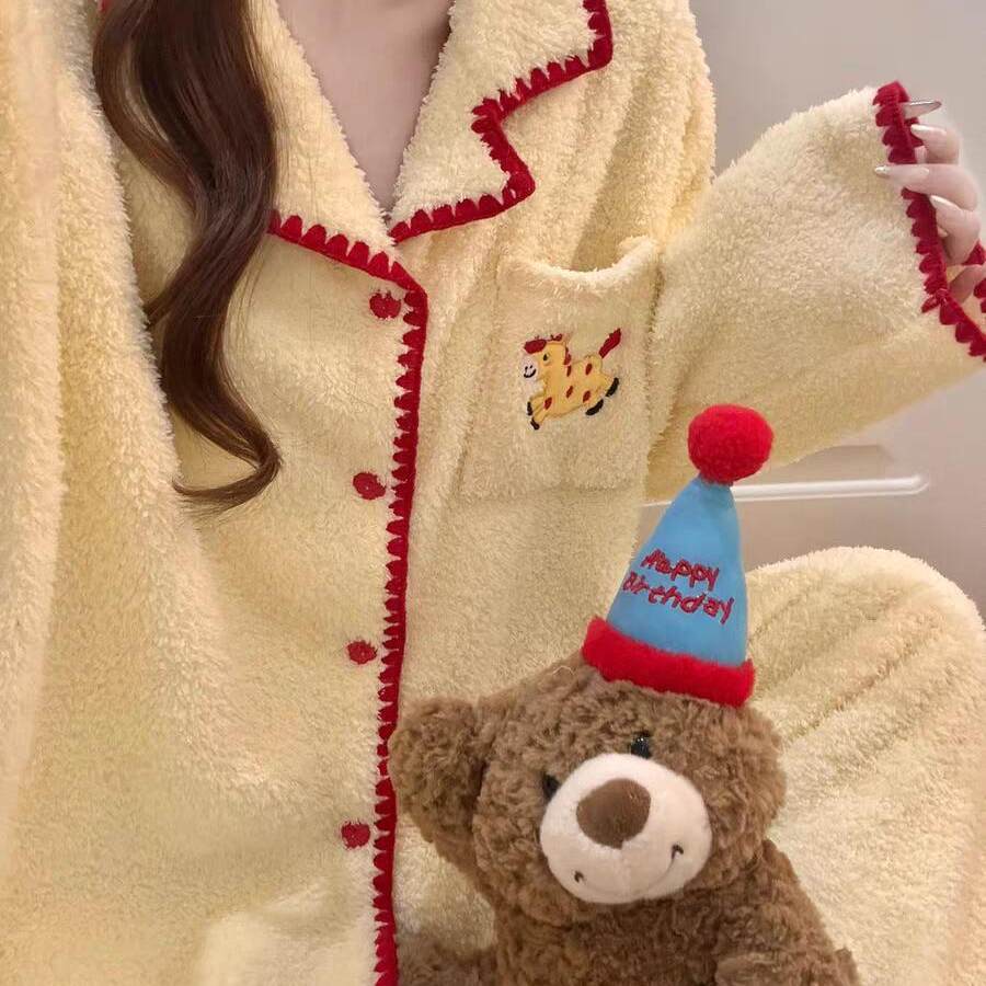 韩国高级感撞色花边珊瑚绒睡衣套装女冬季新款可爱小马加绒家居服