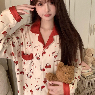 红色kt猫德绒保暖外穿睡衣女学生