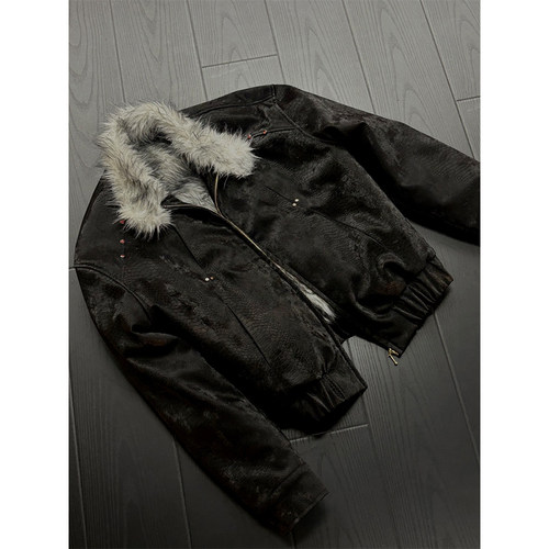 美式复古狼毛座山雕皮衣外套男女