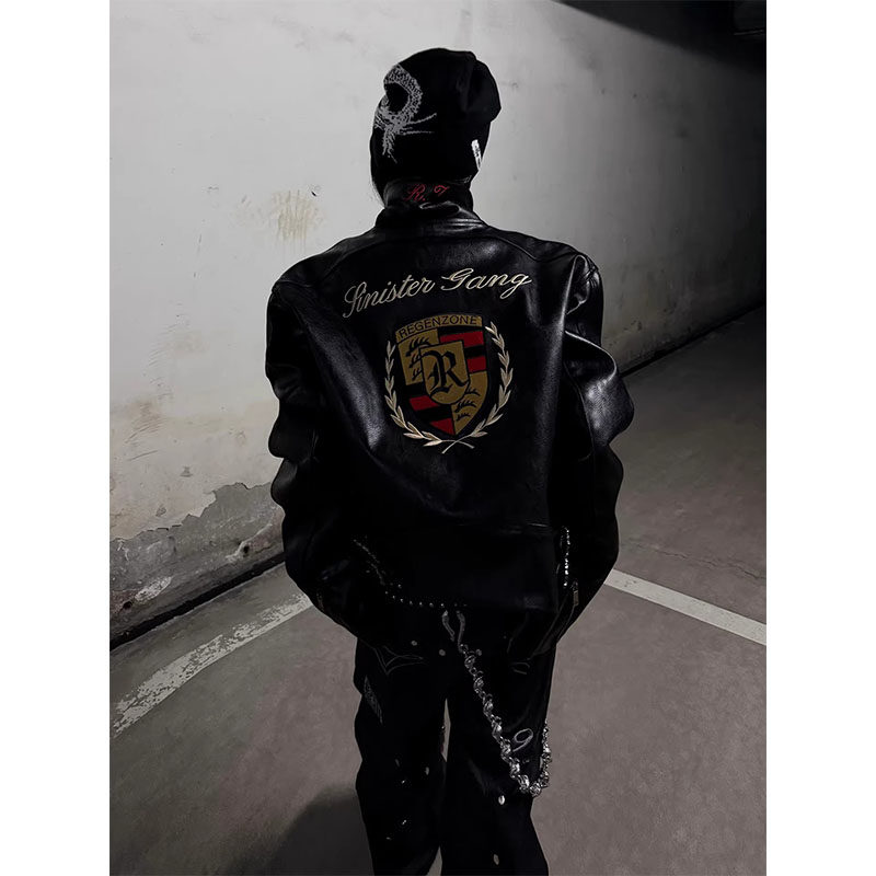 美式街头黑色皮衣外套男女春秋新款机车服刺绣短款夹克亚比上衣潮