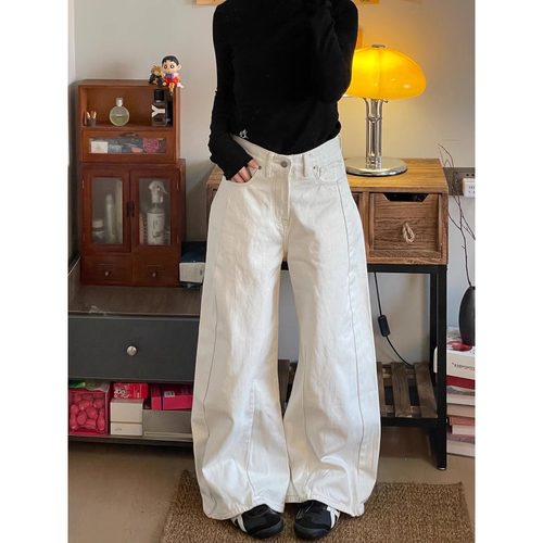 美式复古高街白色弯刀牛仔裤男女