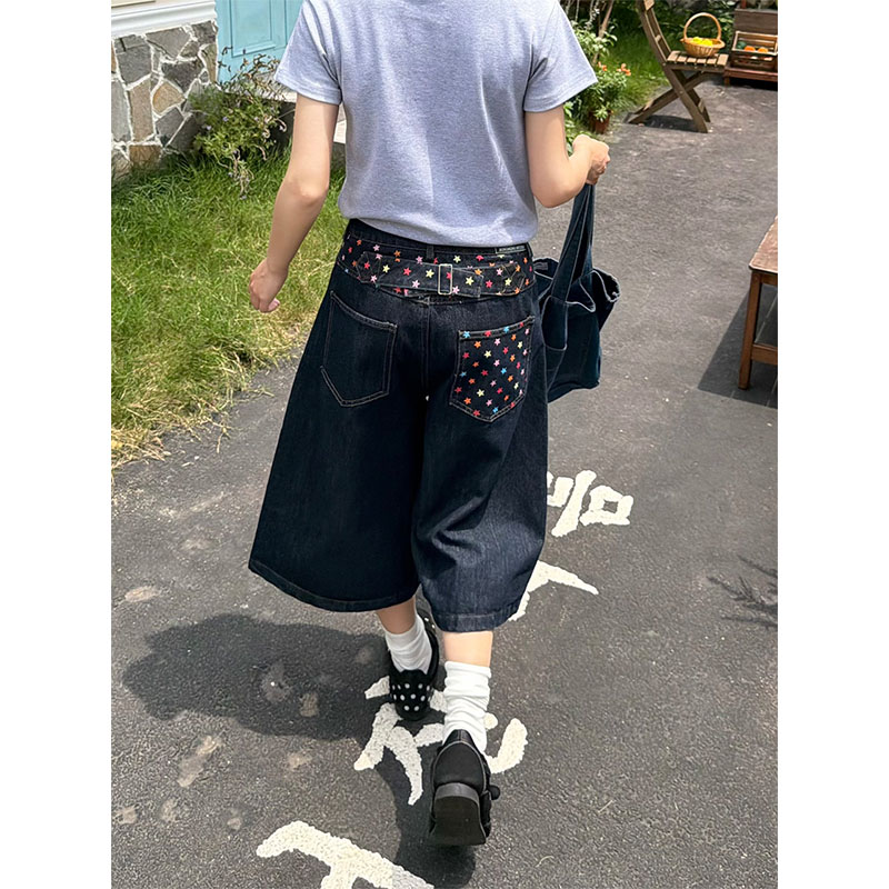 美式复古刺绣原牛丹宁牛仔短裤女图片