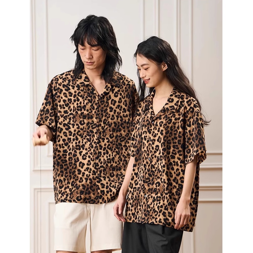 美式复古街头豹纹短袖衬衫男女