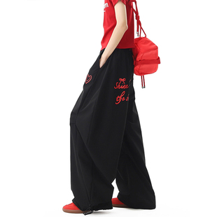 美式复古高街速干伞兵工装裤女街舞运动阔腿裤宽松褶皱弯刀休闲裤