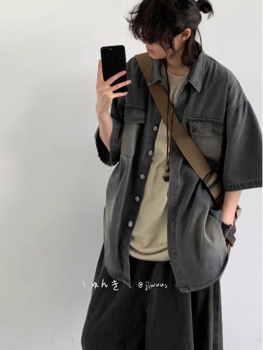 夏季日系水洗做旧短袖牛仔衬衫女