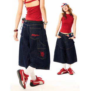 美式复古刺绣解构明线七分裤女夏季新款百搭宽松直筒阔腿牛仔短裤