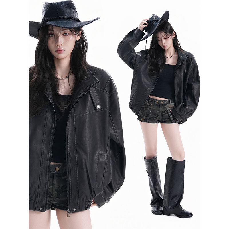 美式复古机车服PU皮衣外套女2026春秋新款小众设计感宽松潮牌夹克,女装/女士精品,短外套,淘宝优惠券,粉丝福利购,淘宝优惠卷