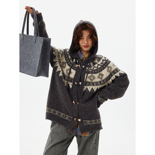 美式重磅针织费尔岛连帽毛衣女牛角扣开衫情侣古着外套加厚针织衫