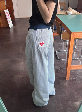 美式复古爱心刺绣竖条纹工装裤女