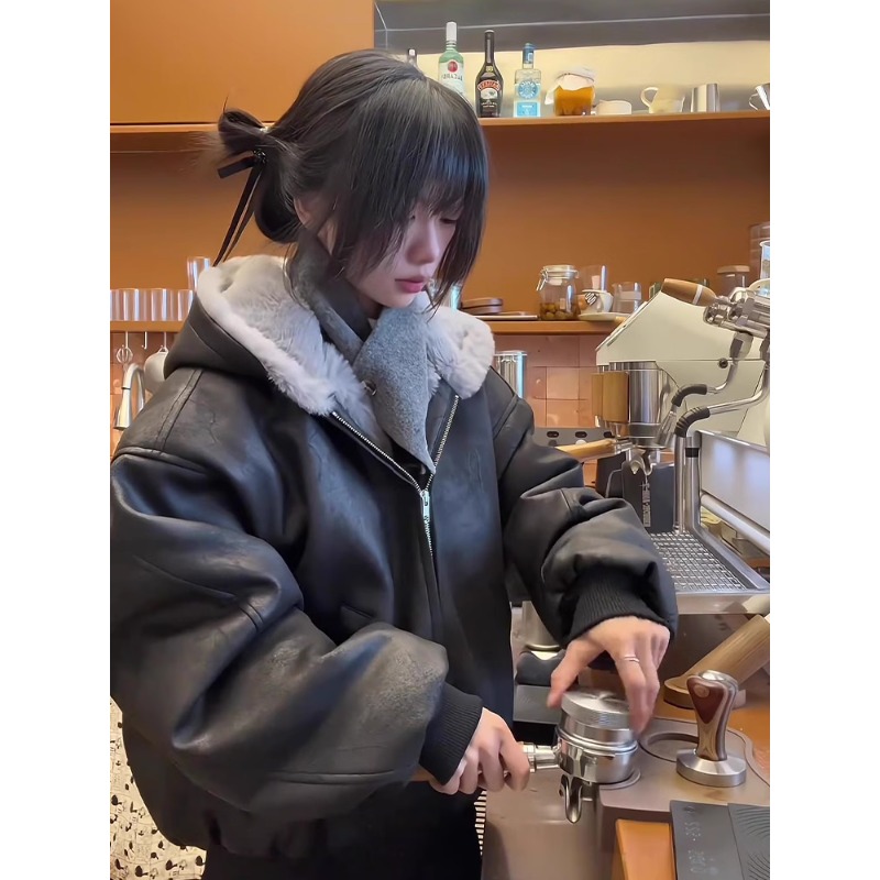 霜冻裂纹皮座山雕外套男女秋冬季美式cleanfit高级感PU皮夹克棉服