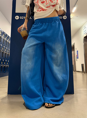 美式复古蓝色渐变运动卫裤男女宽松垂感休闲长裤弯刀阔腿街舞裤子