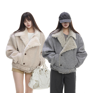 美式卡其色毛呢棉服外套女2025新款冬季加绒保暖宽松短款呢子大衣