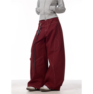 爵士舞宽松阔腿拖地长裤 美式 女国潮解构弯刀裤 牛仔裤 复古红色工装