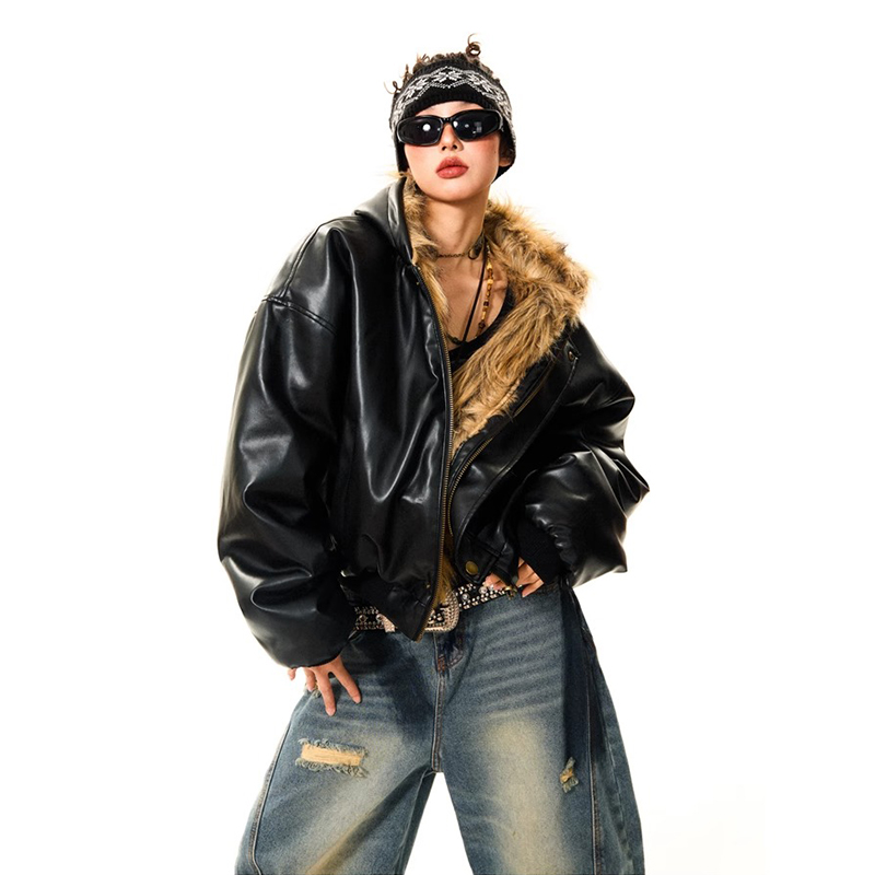 美式高街双面穿PU皮草夹克外套女