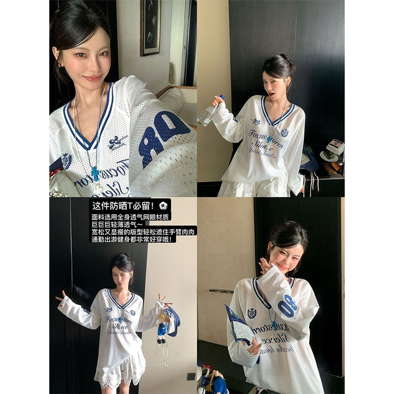 美式街头球衣风镂空长袖T恤女图片