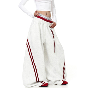 子阔腿裤 女运动爵士舞jazz裤 复古条纹拼接撞色双腰头弯刀卫裤 美式