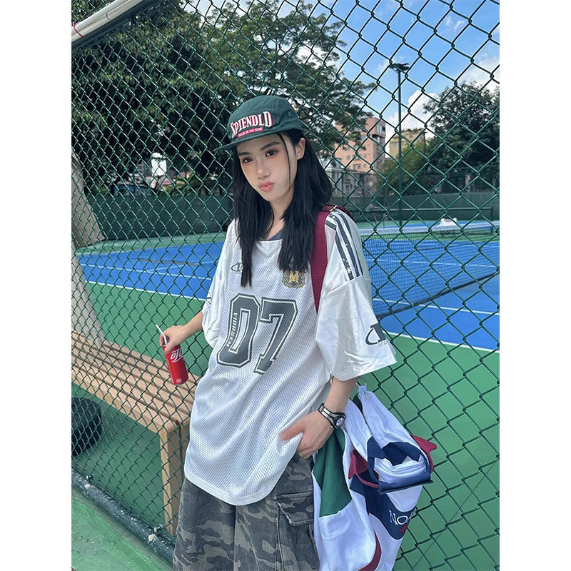 美式街头橄榄球球衣短袖t恤女夏季oversize宽松透气网面休闲上衣