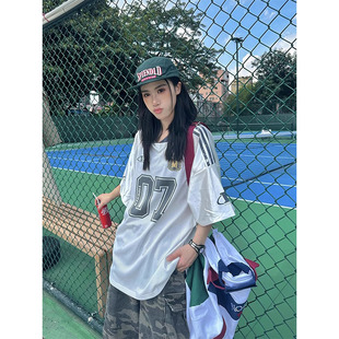 美式街头橄榄球球衣短袖t恤女夏季oversize宽松透气网面休闲上衣