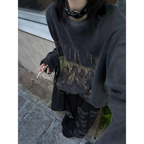 水洗做旧重磅华夫格长袖T恤男女