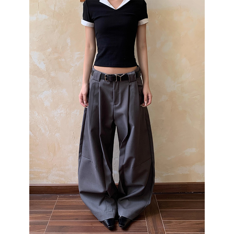 美式复古廓形褶皱弯刀西裤男女