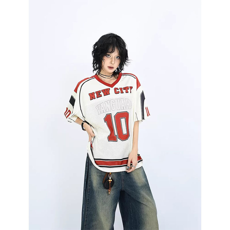 美式复古街头印花棒球服球衣男女夏季透气宽松运动网眼短袖T恤潮