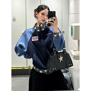拼接宽松撞色短款 卫衣外套男女秋季 上衣 复古星星立领运动开衫 美式