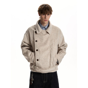 美式复古老钱高级感羊毛混纺呢料夹克男女休闲宽松百搭排扣外套潮