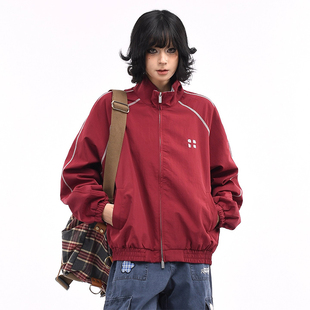 美式 街头宽松情侣休闲运动夹克上衣 复古格子拼接红色外套男女秋季