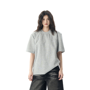 美式复古螺纹拼接正肩设计280g重磅硬挺boxy版型短袖t恤男女潮牌