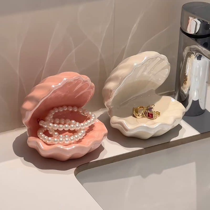 轻奢贝壳首饰收纳盒卧室梳妆台戒指项链陶瓷饰品收纳架装饰摆件