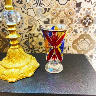 单只 水晶杯酒杯冰沙杯奶茶杯 轻奢人工彩绘浮雕三色果汁杯高脚款